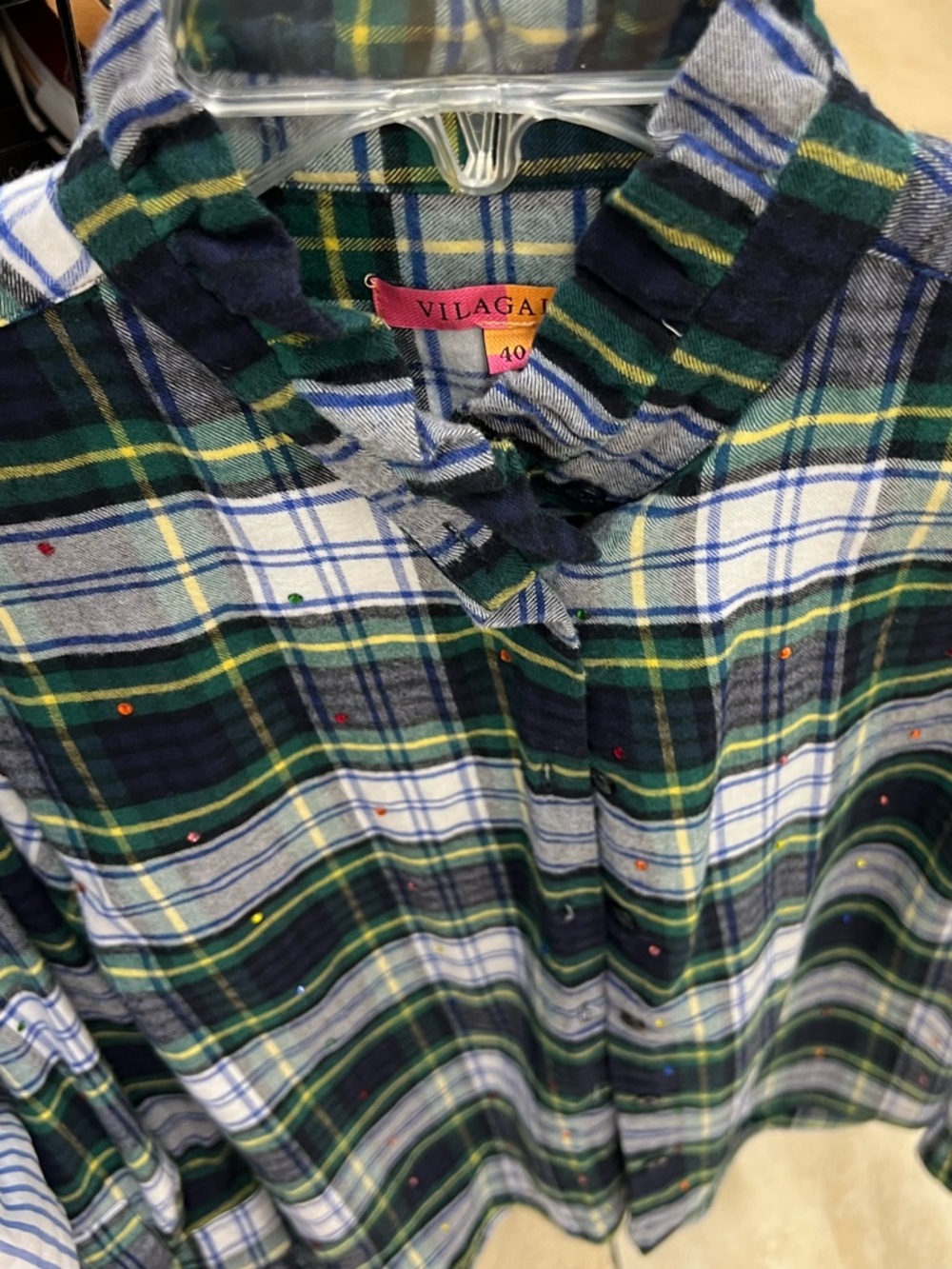 Vilagallo Navy, Green & White Plaid Shirt with Subtle Sequin Detail